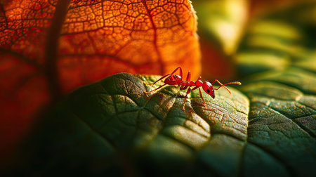 Red ant crossing a large leaf bathed in soft sunlight, emphasizing the contrast of red and green hues.の素材