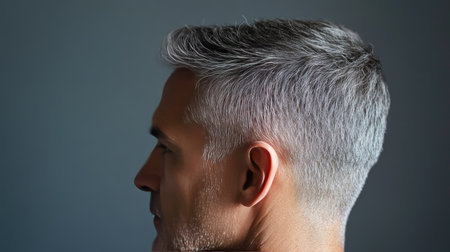 Mature man's head with neatly cut salt-and-pepper hair, captured in profile with sharp focus.の素材