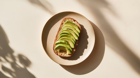 Minimalist image of avocado toast on a round plate, centered against a soft beige background with gentle shadows.の素材
