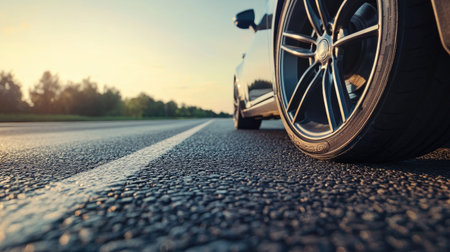 Low-angle shot of a vehicle's front wheel on a road, showing clean alloy rims and road texture beneath.の素材