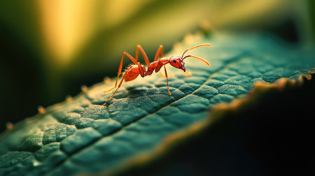 Macro photo of a red ant's journey on a textured leaf, capturing nature's small but detailed moments.の素材