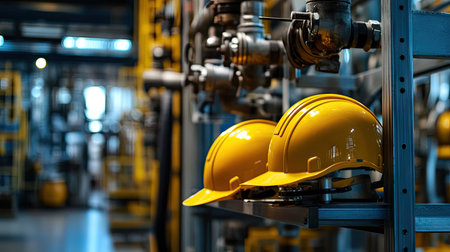 Neatly organized yellow helmets on a rack with industrial pipes and equipment visible in the factory background.の素材