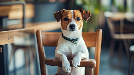 Playful dog sitting on a chair with soft-focus background, capturing a candid and joyful moment.の素材