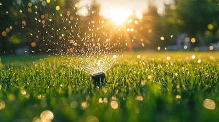 Lawn care concept with sprinkler head in action, watering vibrant green grass on a clear summer day.の素材