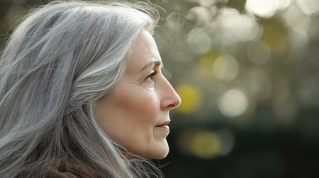 Side profile of gray-haired head, focusing on silver strands catching soft natural light in a peaceful setting.の素材