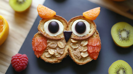 Owl-themed toast with fruit eyes and nut butter feathers, made for a cute and nutritious snack for children.の素材