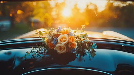 Romantic gesture captured with a bouquet lying across the windshield of a vintage car, under golden hour light.の素材