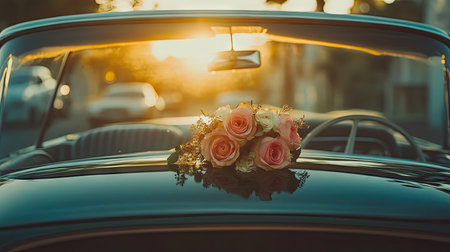 Romantic gesture captured with a bouquet lying across the windshield of a vintage car, under golden hour light.の素材