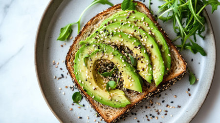 Plate of avocado toast with seeds and greens, resting on a marble background with natural morning light.の素材