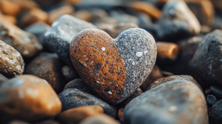 Rustic heart rock in focus while the surrounding rocks fade into a soft blur, creating a romantic and natural aesthetic.の素材
