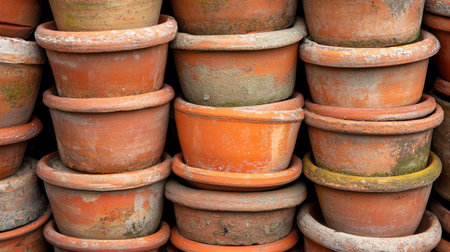 Pile of rustic terracotta plant pots stacked together, showcasing rich orange hues and natural imperfections.の素材