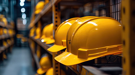 Yellow helmets stored in a factory locker room, with steel beams and machinery visible behind.の素材
