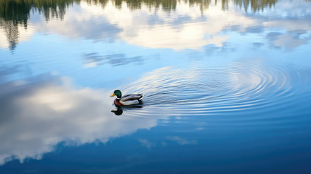 Single ducky gliding smoothly across lake water, captured from above with reflections of clouds and blue sky.の素材