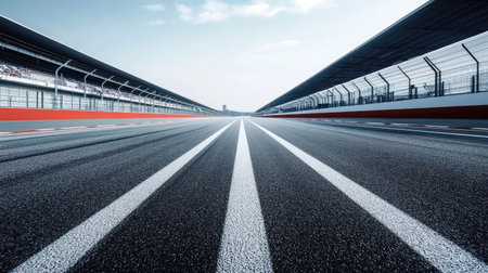 Symmetrical perspective of an empty race track with clean lines converging toward the vanishing point.の素材