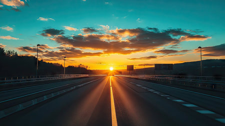 Sunset behind a modern expressway, silhouetted road lines and barriers creating dramatic contrast with the sky.の素材