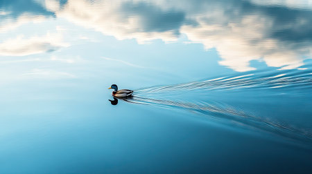 Single ducky gliding smoothly across lake water, captured from above with reflections of clouds and blue sky.の素材