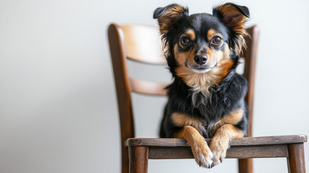 Small dog sitting elegantly on a wooden chair, isolated on a clean white background, perfect for pet lifestyle themes.の素材