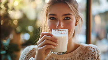 Woman sipping milk from a clear glass, leaving a visible milk mustache, with soft natural light highlighting her features.の素材