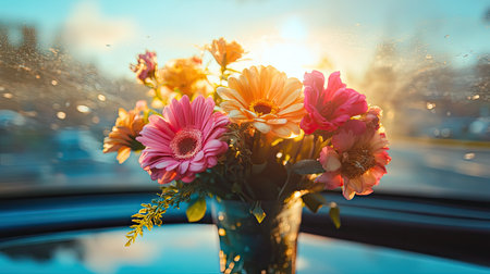 Vivid flower arrangement on a car windshield with sunlight reflecting on the glass, evoking love and surprise.の素材