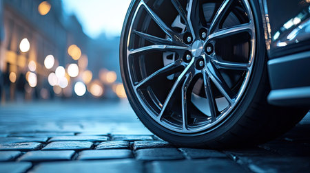 Urban car wheel close-up, rim details sharply defined against city pavement with faint reflections.の素材