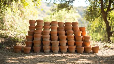 Tower of small and large terracotta pots, arranged neatly on the ground with a natural backdrop.の素材