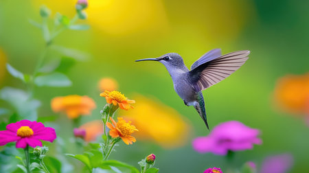 Tiny bird in mid-flight approaching a brightly colored flower, capturing the delicate moment of nectar feeding in nature.の素材