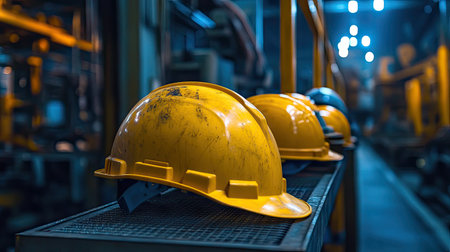 Yellow construction helmets resting on a metal shelf in a busy factory environment with machinery in the background.の素材