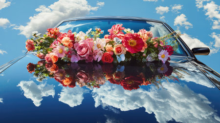 Vibrant bouquet on a glossy car windshield, reflecting surrounding nature and sky, blending florals and automotive.の素材