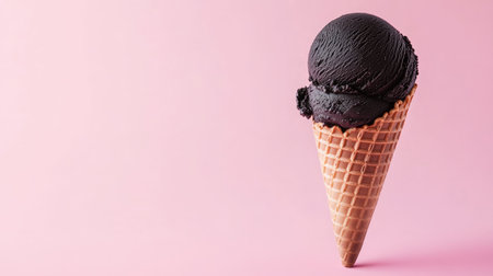 Black charcoal ice cream scoop in a waffle cone on a clean pink background, offering a trendy and unique visual contrastの素材