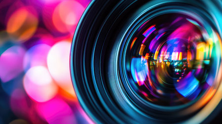 Close-up of a professional camera lens reflecting vivid multicolored light, showcasing optical beauty and precisionの素材