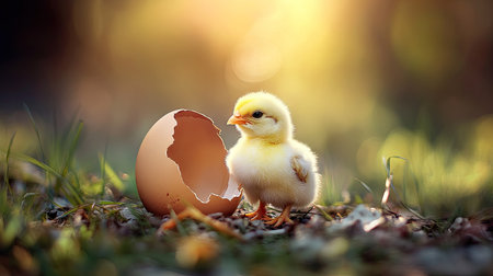 Tiny chick emerging from a broken egg, sitting quietly as if just hatched, symbolizing spring and new beginnings.の素材