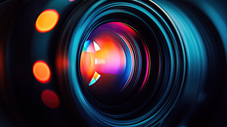 Artistic shot of a camera lens front element glowing with prismatic light, emphasizing optics and digital photographyの素材