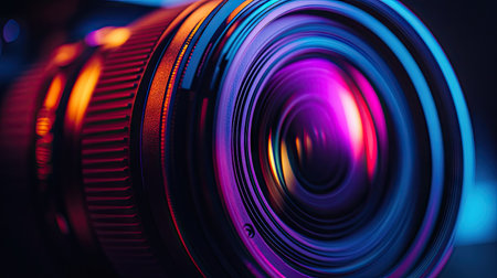 Close-up of a DSLR camera lens illuminated by colorful lighting, showcasing the lens curvature and precision ringsの素材