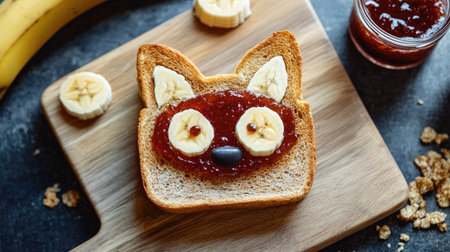 Creative fox-shaped toast with jam ears and banana snout, served on a wooden board for a playful breakfast.の素材