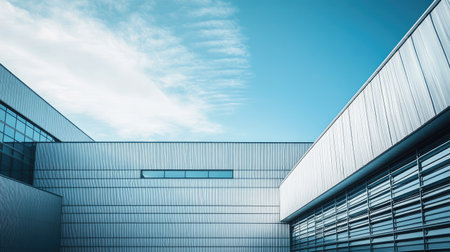 Exterior of a large aluminium factory featuring sleek metal roofing panels and industrial-style architecture.の素材