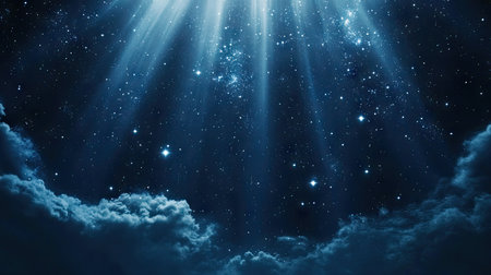 Dramatic night sky with spotlights shining upwards, surrounded by faint stars and haze for depth.の素材