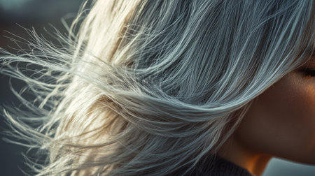 Gray hair swept to one side, captured in natural breeze with delicate highlights and shadows.の素材
