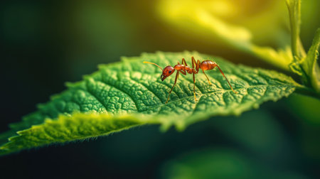 Red ant walking on a fresh green leaf with veins clearly visible, showcasing the delicate balance of nature.の素材