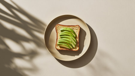 Minimalist image of avocado toast on a round plate, centered against a soft beige background with gentle shadows.の素材