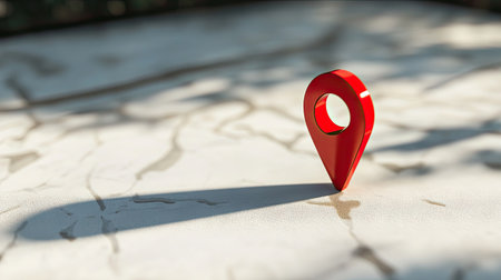 D red map pin casting shadow on a white surface, representing targeted location or destination markerの素材