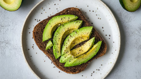 Top-down view of avocado toast on dark rye bread, placed on a clean white plate with a textured background.の素材