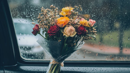 Surprise flower bouquet left on the windshield of a parked car, symbolic of love, kindness, or celebration.の素材