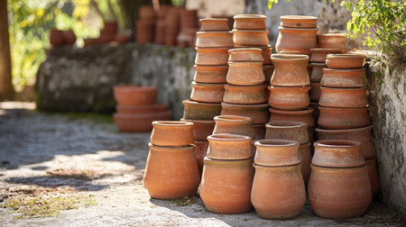 Tower of small and large terracotta pots, arranged neatly on the ground with a natural backdrop.の素材
