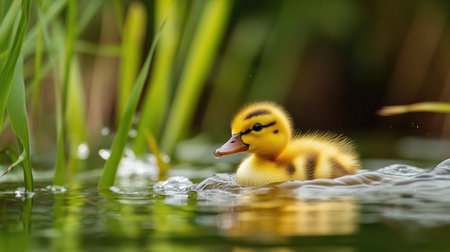 Yellow duckling exploring a serene lake, captured mid-swim with soft focus background of reeds and water plants.の素材