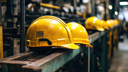 Yellow construction helmets resting on a metal shelf in a busy factory environment with machinery in the background.の素材