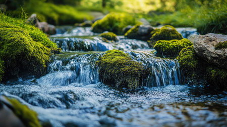 Close-up of a mountain creek cascading over moss-covered rocks, creating bubbles and texture in a serene landscapeの素材
