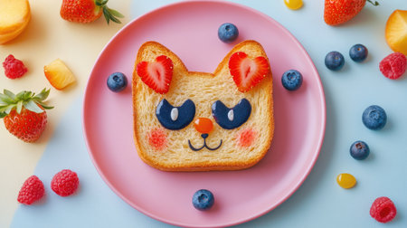 Sweet toast styled as a cat with strawberry ears and blueberry eyes on a colorful plate, playful and creative for children.の素材