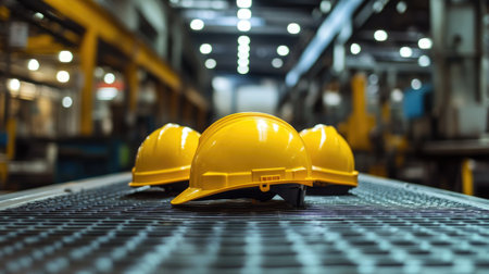 Workers' yellow helmets placed on a metallic surface inside a factory workshop, ready for daily use.の素材