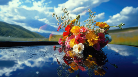 Vibrant bouquet on a glossy car windshield, reflecting surrounding nature and sky, blending florals and automotive.の素材