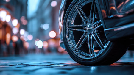 Urban car wheel close-up, rim details sharply defined against city pavement with faint reflections.の素材